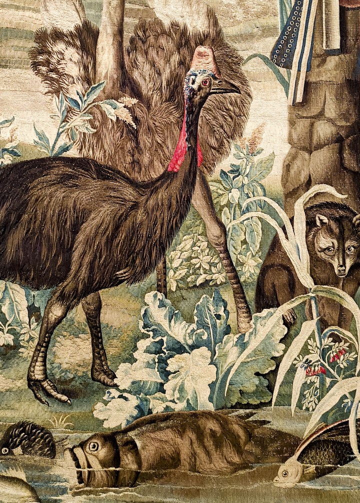 Detalhe de tapeçaria francesa do século XVIII representando o imaginário europeu da fauna latino-americana